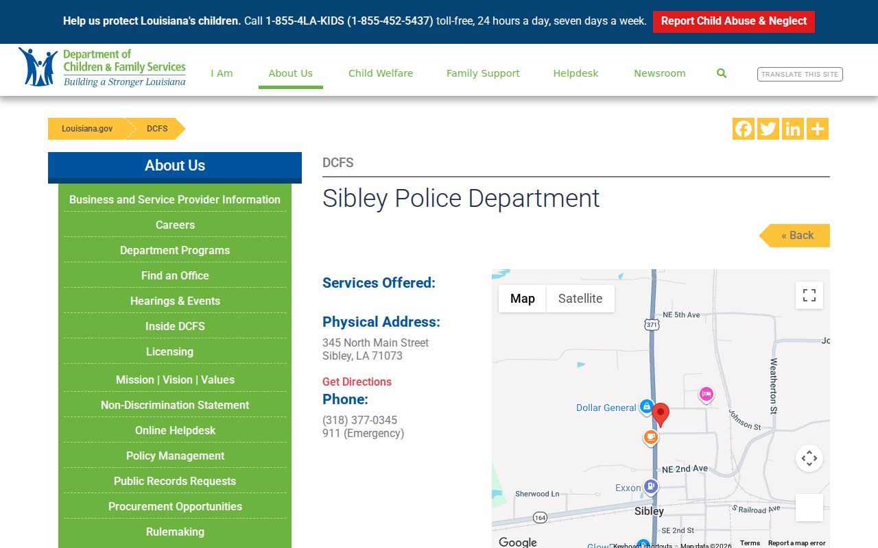 Official State of Louisiana directory entry for Sibley Police Department