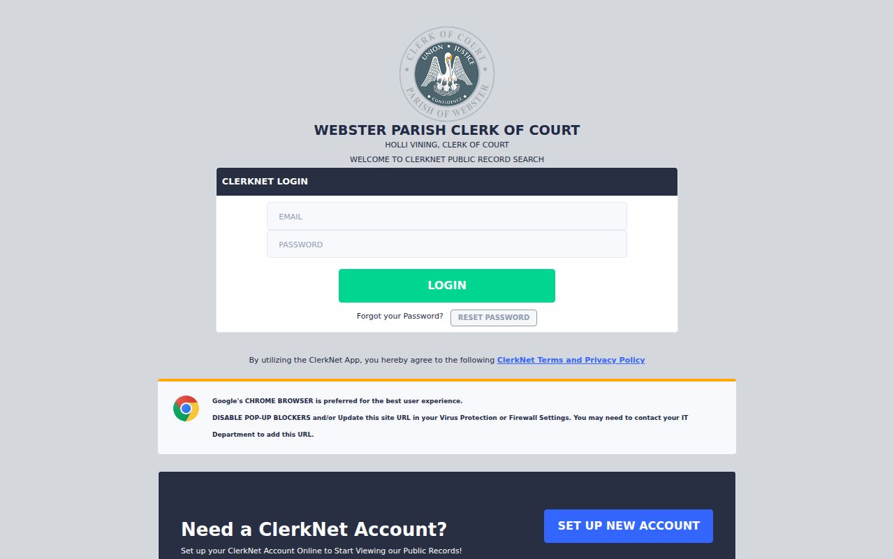 Webster Parish ClerkNet search landing page