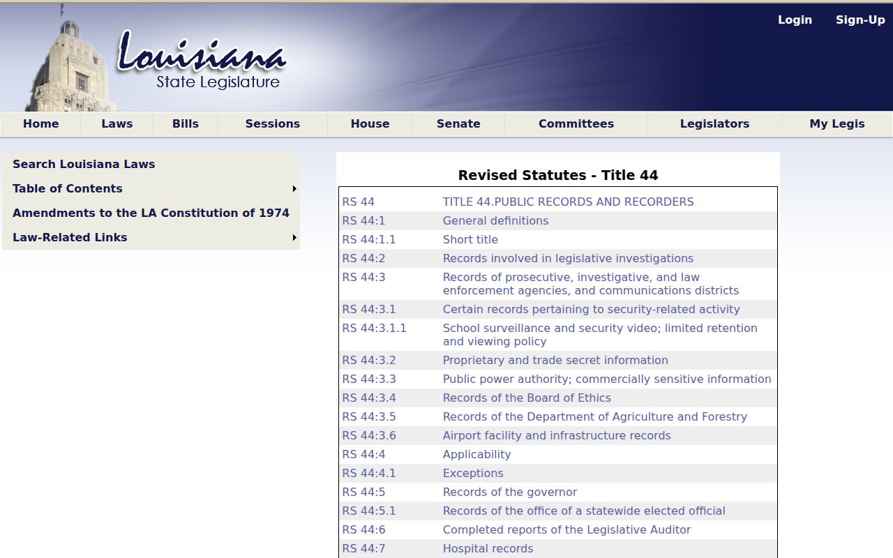 Louisiana Revised Statutes Title 44 public records contents
